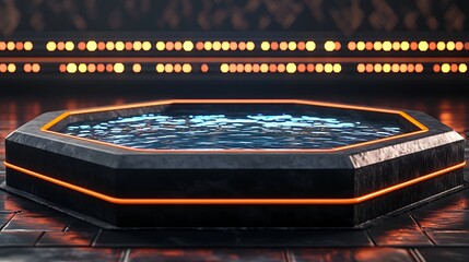 octagonal glass table surface, digital display, glowing rings, futuristic design, dark background, intricate patterns, holographic interface, advanced technology, minimalist style, sleek and modern ae