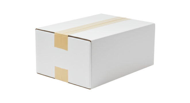 Sealed cardboard box isolated on a clean backdrop, blank container for shipping and storage in PNG format