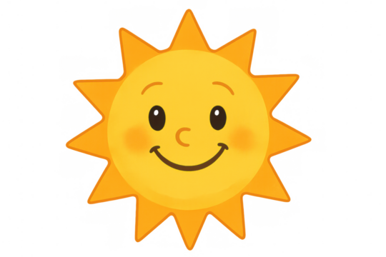 Cute cartoon sun illustration with happy smiling face, yellow sunbeams, expressing summer season and joy on transparent background
