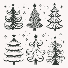 Set of stylized Christmas tree icons in various shapes and decorative styles. High-quality vector graphics perfect for holiday web buttons, infographics, or festive logos.