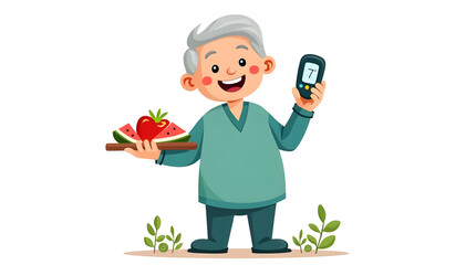 a person holding a blood sugar checker and fruit,  concept awareness World Diabetes Day