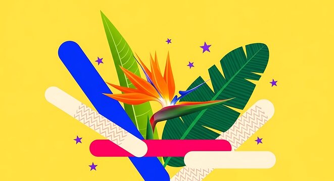 Vibrant tropical floral arrangement with colorful abstract shapes. - Powered by Adobe