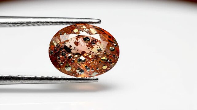 Close-up view of orange sunstone gemstone held by tweezers, showcasing inclusions and luster