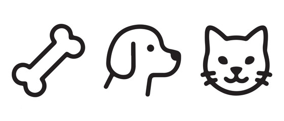 Pet Icon Set. Bone, Dog Profile, and Cat Face Line Graphics.