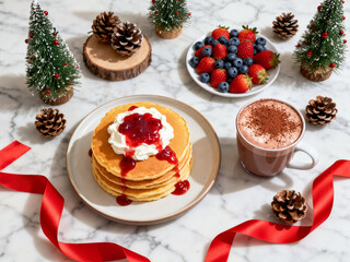 A stack of festive golden pancakes topped with whipped cream and berry jam, served with fresh berries and hot chocolate, against a bright marble backdrop with decorations.
