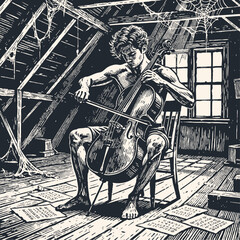 A passionate musician plays the cello barefoot in a dusty, old attic with cobwebs. Vintage vector illustration in a classic engraving or woodcut style. © Jumpingsack