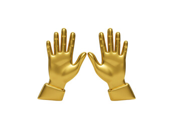 Obraz premium Two golden hands isolated on transparent background, shiny metallic hands raised in gesture of giving or praise PNG