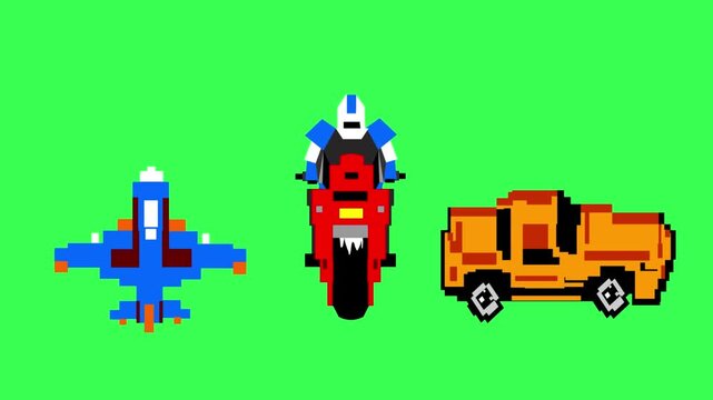 Animation of a motorcycle, a car, and a jet made in pixel art style with a green background, art, game, old.