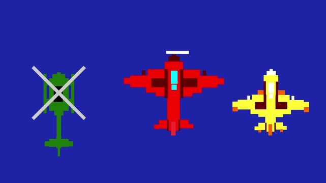 Animation of an airplane, a helicopter, and a jet made in pixel art style with a blue background, art, game, old.