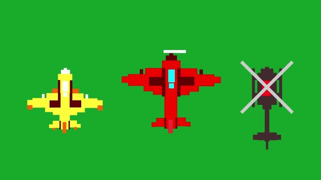 Animation of an airplane, a helicopter, and a jet made in pixel art style with a green background, art, game, old.