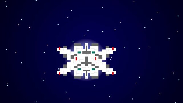 Animation of an enemy boss spaceship done in pixel art style with stars in the background, art, game, old.