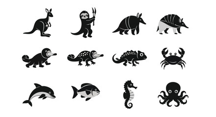 Fototapeta premium Diverse Animal Silhouettes: Kangaroo Sloth Armadillo Platypus Chameleon Crab Dolphin Fish Seahorse Octopus.