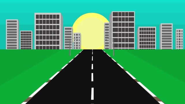 Pixel art animation of a road with curves, buildings and a sun in the background, competition, game, vintage.