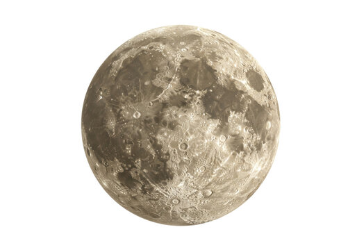 Detailed moon PNG isolated on transparent backdrop, lunar surface with craters and shadows for astronomy and space exploration projects