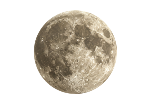 Detailed moon PNG isolated on transparent backdrop, lunar surface with craters and shadows for astronomy and space exploration projects