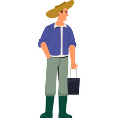 Cartoon Farmer In Straw Hat Blue Shirt Gray Pants Holding Bucket Looking To The Side On White Background