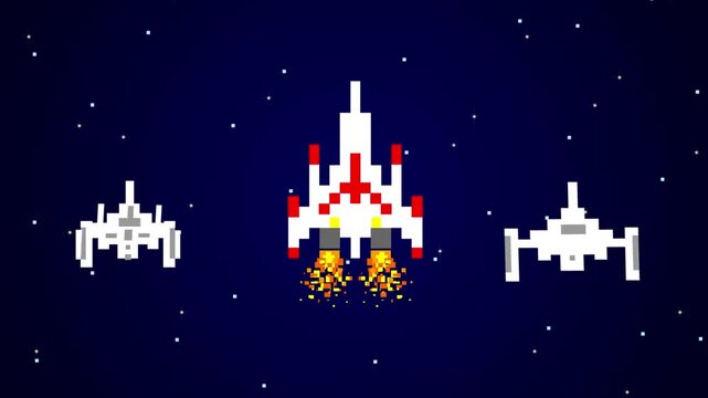 Pixel art animation of three spaceships with moving stars in the background, art, game, old.