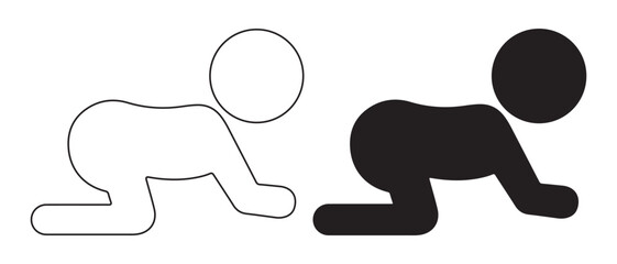 Crawling Baby Icons. Outline and Solid Silhouette Set.