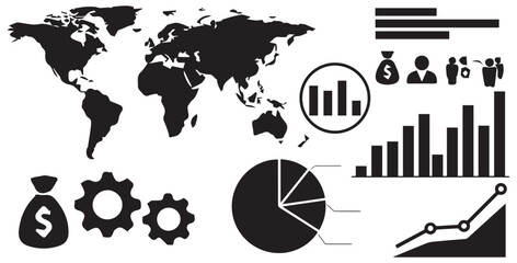 Obraz premium Global business and finance concept with world map charts graphs money bags and gears illustrating economic growth and strategy