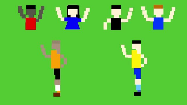 Pixel art animation with characters playing sports and cheering fans moving against a green background. Art, game, old.