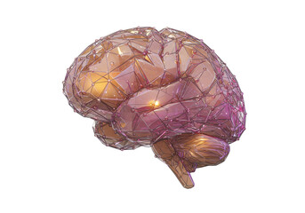 Geometric human brain PNG isolated on transparent background, polygonal mesh with glowing nodes for science and medical concepts