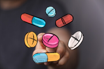 Image of hand interacting with colorful pills and capsules. Perfect for healthcare, medicine, pharmacy, and wellness concepts.