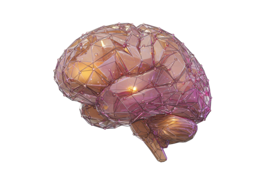 Geometric human brain PNG isolated on transparent background, polygonal mesh with glowing nodes for science and medical concepts