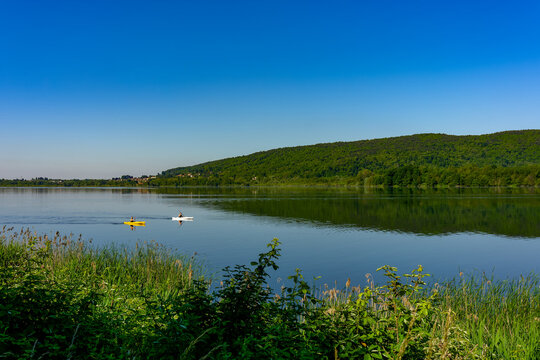 Spring landscape of Lake Comabbio in Varano Borghi, Varese, Lombardy, Italy 