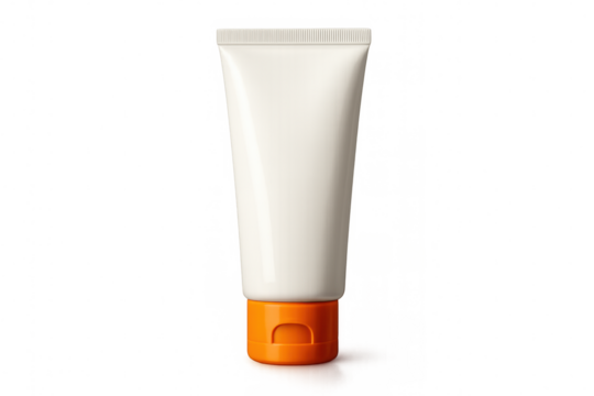 Cosmetic tube, ideal for mockup, containing cream, sunscreen, or lotion, presenting product packaging with an orange cap on transparent background