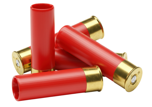 Red shotgun shells isolated, ammunition for hunting and sport shooting on a clean backdrop
