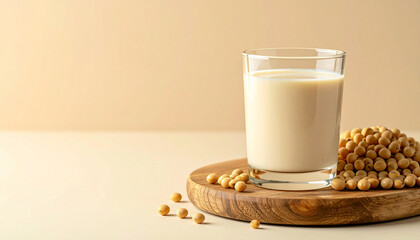 Glass of creamy soy milk and soybeans on wooden board, beige background, health and tasty drink