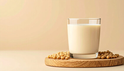 Glass of creamy soy milk and soybeans on wooden board, beige background, health and tasty drink
