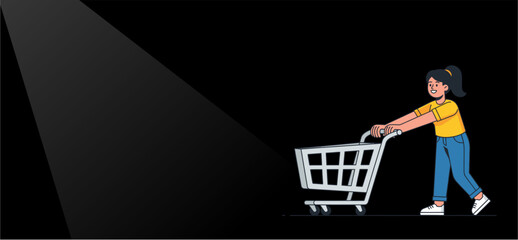2d Ilustration Young woman pushes an empty shopping cart under a bright spotlight, symbolizing retail opportunity and potential for discovering sales in e-commerce © Vee92