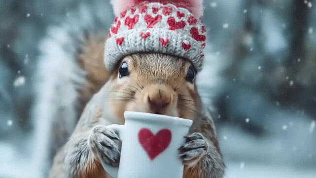 Charming squirrel in winter hat holding mug with heart design