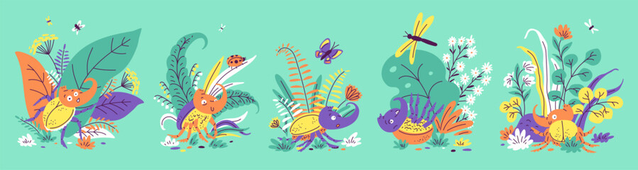 Fototapeta premium Cute Rhinoceros beetle on colorful floral background, cartoon horned rhino beetle insect, poses and emotions vector set
