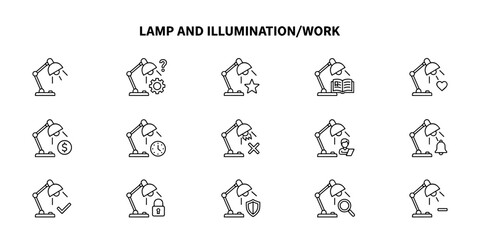 Fototapeta premium Set of monochrome linear icons depicting lamp and illumination/work functions