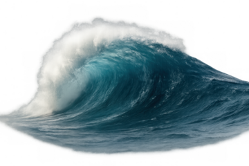 Large blue ocean wave cresting with turbulent white foam and sea spray, symbolizing nature's power. Transparent background