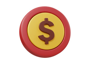 3D rendering of a brown dollar sign on a yellow coin with red border isolated, currency symbol PNG for finance and business