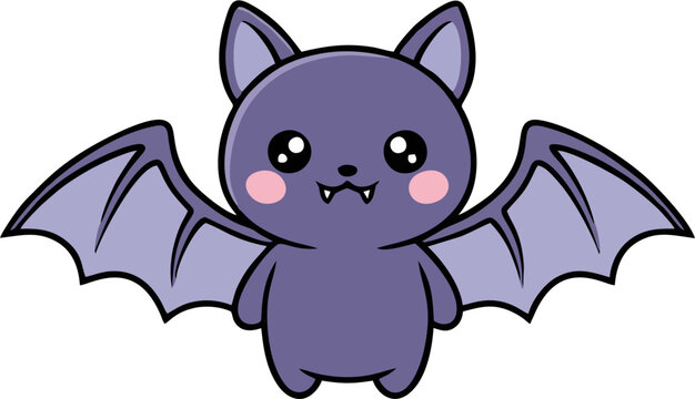 Cute Bat Cartoon Character Vector &ndash; Kawaii Purple Bat with Open Wings, Adorable Halloween Mascot Illustration