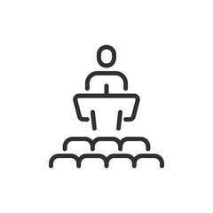 Speaker on stage, linear icon. Public presentation or training event. Line with editable stroke.