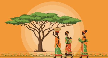 African women carrying goods and harvesting, ideal for promoting cultural traditions and celebrating African festivals