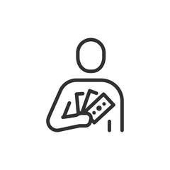 Person with tickets, linear icon. Event admission and leisure concept. Line with editable stroke.