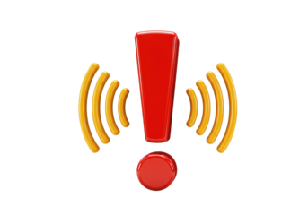 Red exclamation mark with golden signal waves isolated on transparent background, attention sign for alert and notification