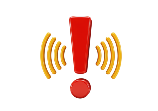 Red exclamation mark with golden signal waves isolated on transparent background, attention sign for alert and notification