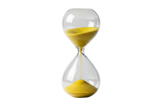 Hourglass with yellow sand isolated on transparent background, time measurement tool for deadlines and productivity