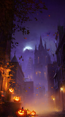 A mysterious and mystical background with pumpkins and a Halloween-style castle. 