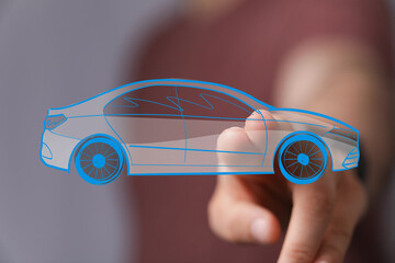 A human hand touches a glowing blue digital blueprint of a modern car, symbolizing future automotive technology, innovation, and smart vehicle d