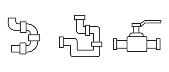 Plumbing Pipe Diagram Set. Line Art of Couplings, Valves, and Pipe Configurations for Technical Design.