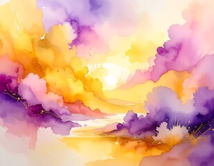 Abstract watercolor illustration featuring vibrant hues of yellow, orange, pink, and purple, evoking a dreamy, ethereal landscape