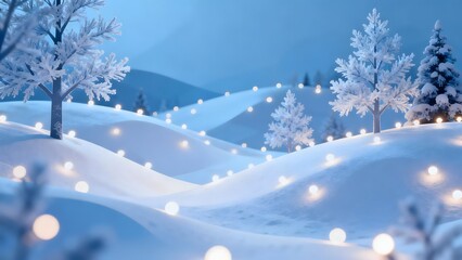 An abstract winter landscape featuring snowy hills and frosted trees, with soft, glowing holiday lights scattered across the scene. The cool blues and whites create a serene.